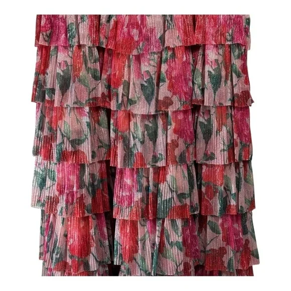 Gianni Bini Grace Metallic Plisse Sweetheart Neck Cut-Out Tiered Dress NWT